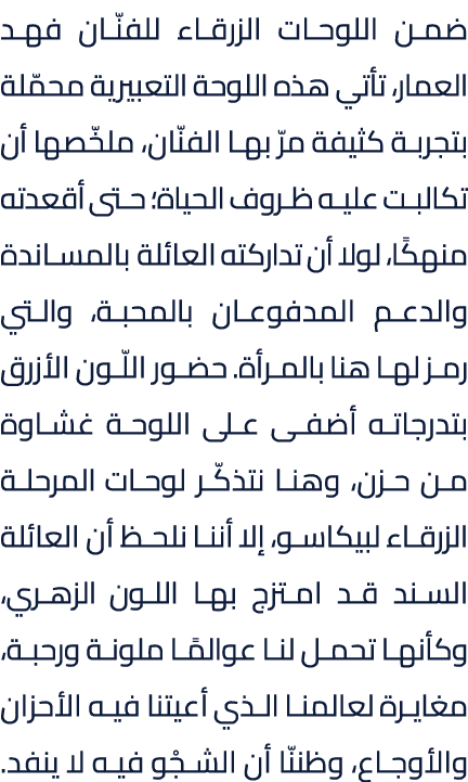 ضمن اللوحات الزرقاء للفنّان فهد العمار، تأتي هذه اللوحة التعبيرية محمّلة بتجربة كثيفة مرّ بها الفنّان، ملخّصها أن تكا...