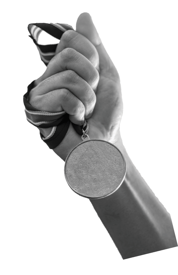 Hand holding gold medal on sky background, The winner and successful concept